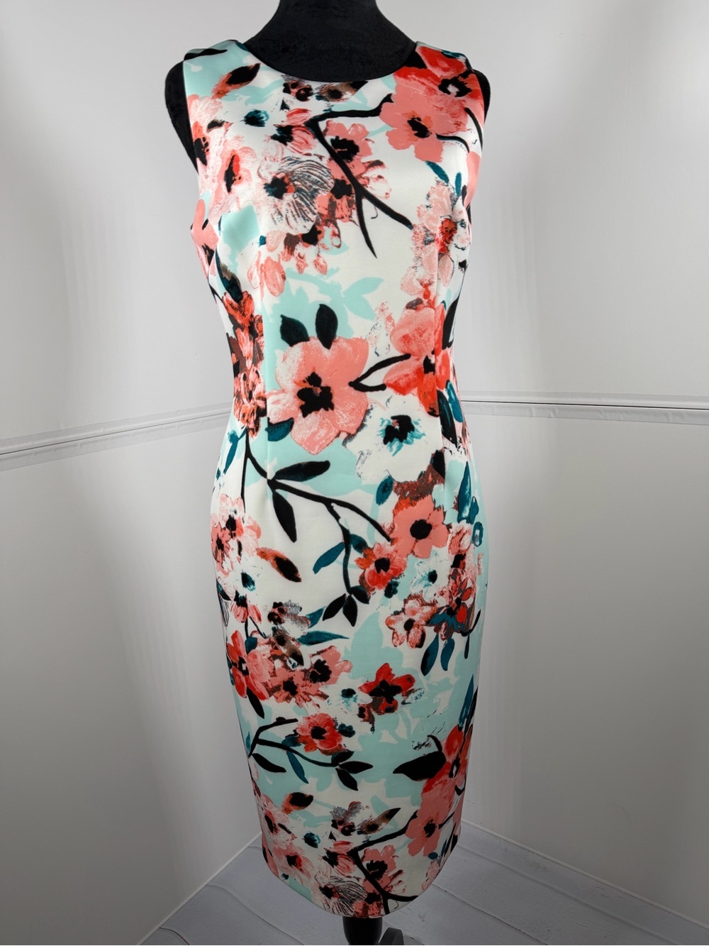 Ivanka Trump Floral Sheath Dress White Coral Aqua Sleeveless Midi Dress
